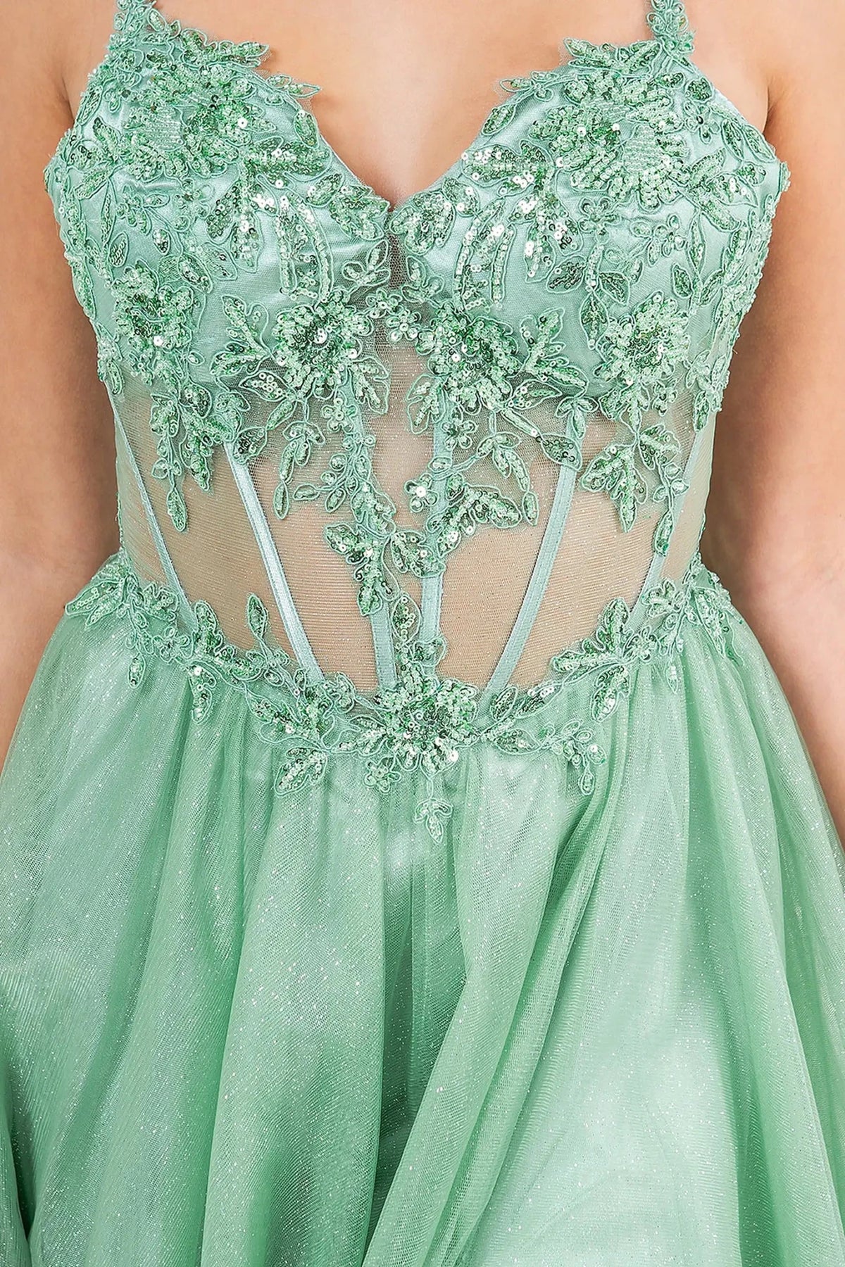 Intricate features stand out across sage Glitter Evening Dress with Floral Lace Embroidery.