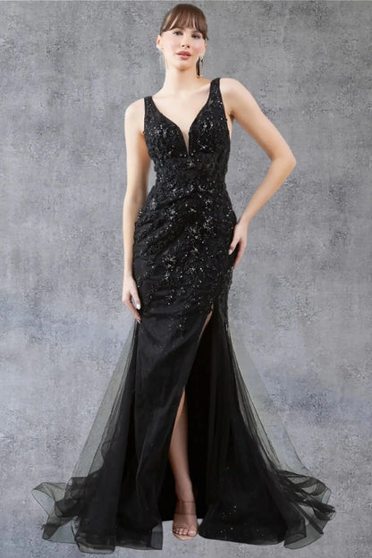 A full-length front view of a woman wearing a black lace formal prom dress with an elegant scoop neckline detail.