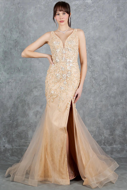 Full front view of a women wearing champagne sleeveless prom dress with lace bodice and plunging neckline.