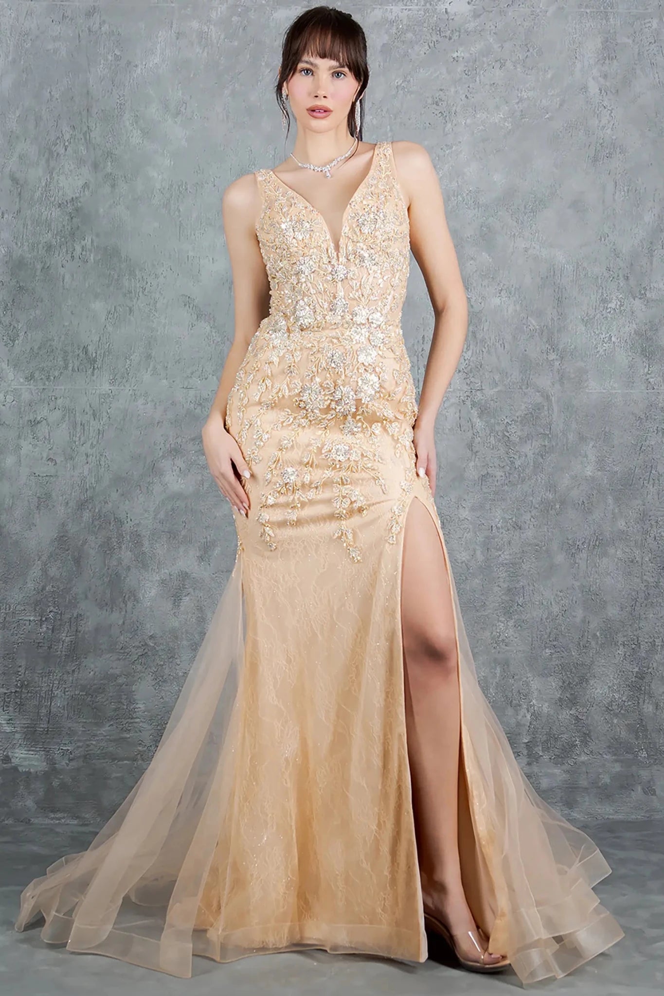ethereal homecoming dress Ethereal Champagne Prom Dress Lace Applique Tulle Skirt Design XL / Champagne