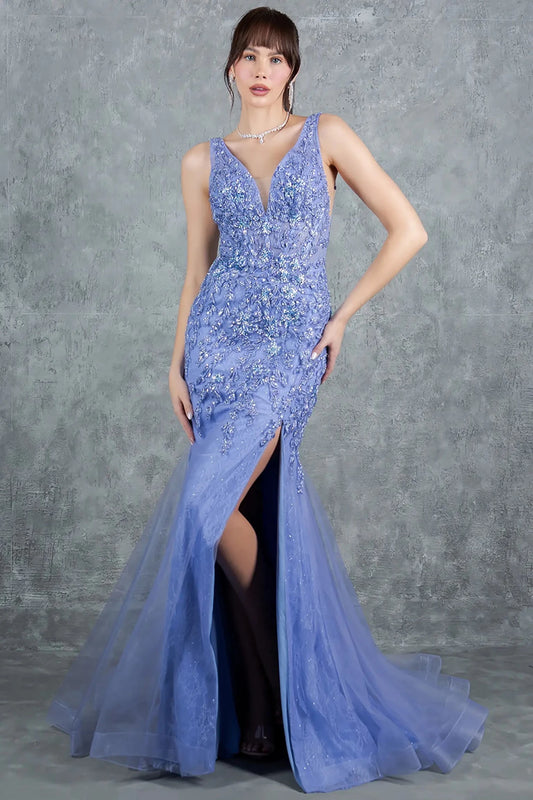Full front view of a women wearing blue sleeveless prom dress with chantilly lace bodice and slit.