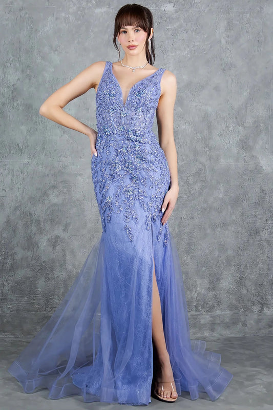 A full-length view of a woman wearing blue formal prom dress with scoop neckline detail.