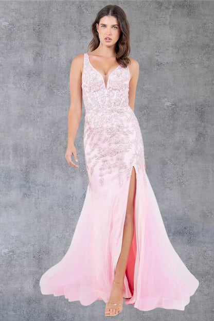 A full-length view of a woman wearing pink formal prom dress with lace-up closure.