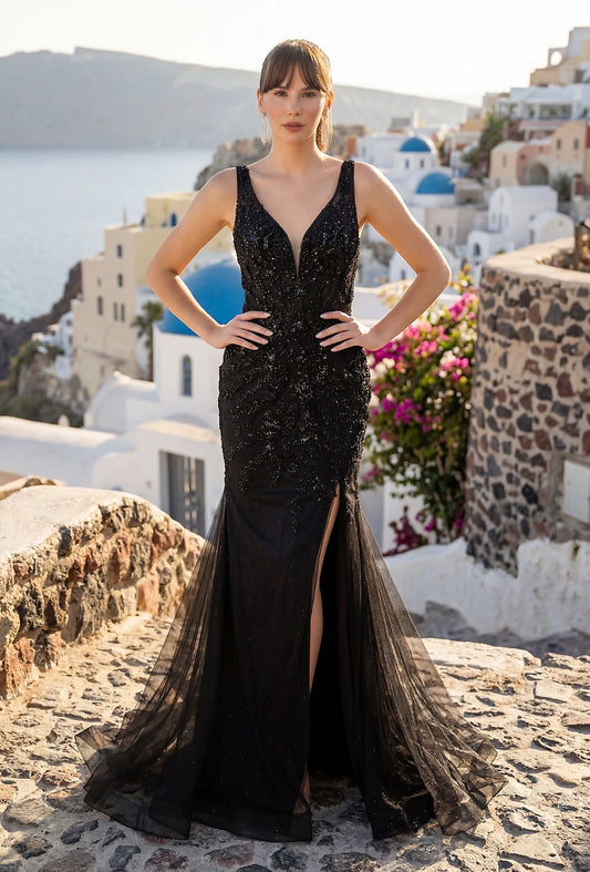 Ethereal Black Lace Applique Tulle Prom Dress