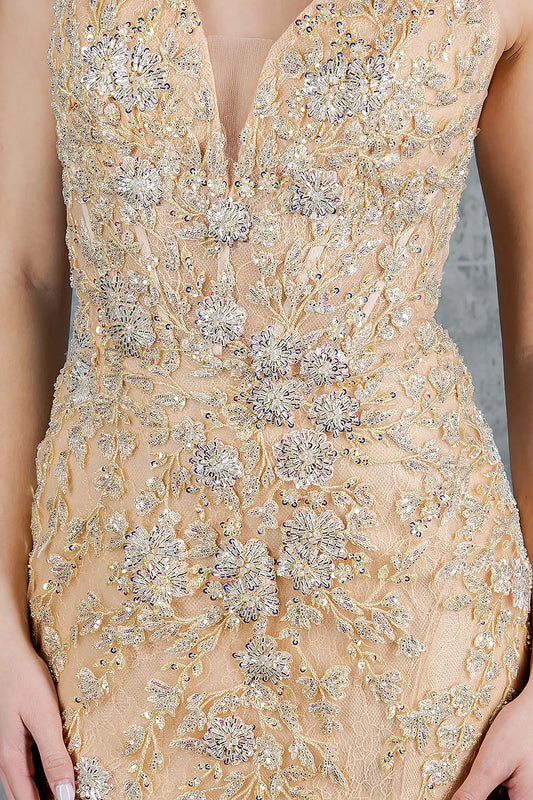 Ethereal Champagne Lace Applique Tulle Prom Dress