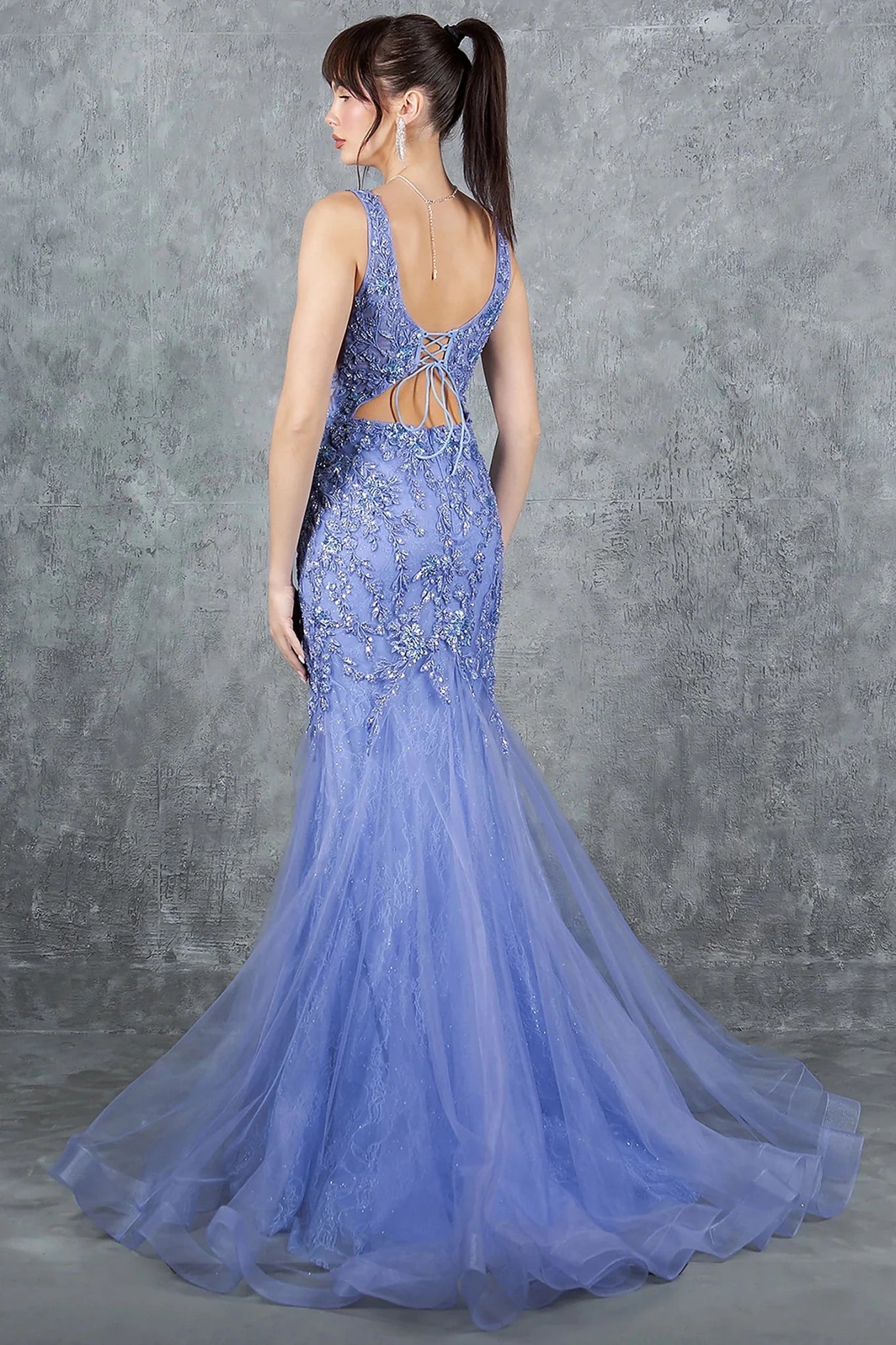 Dusty Blue evening dress completed with deep scoop back lace-up and zipper closure