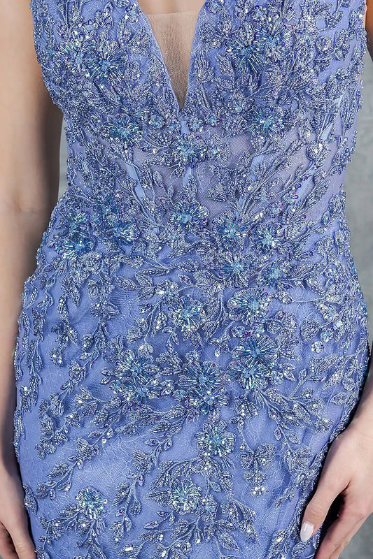 Ethereal Dusty Blue Lace Applique Tulle Prom Dress