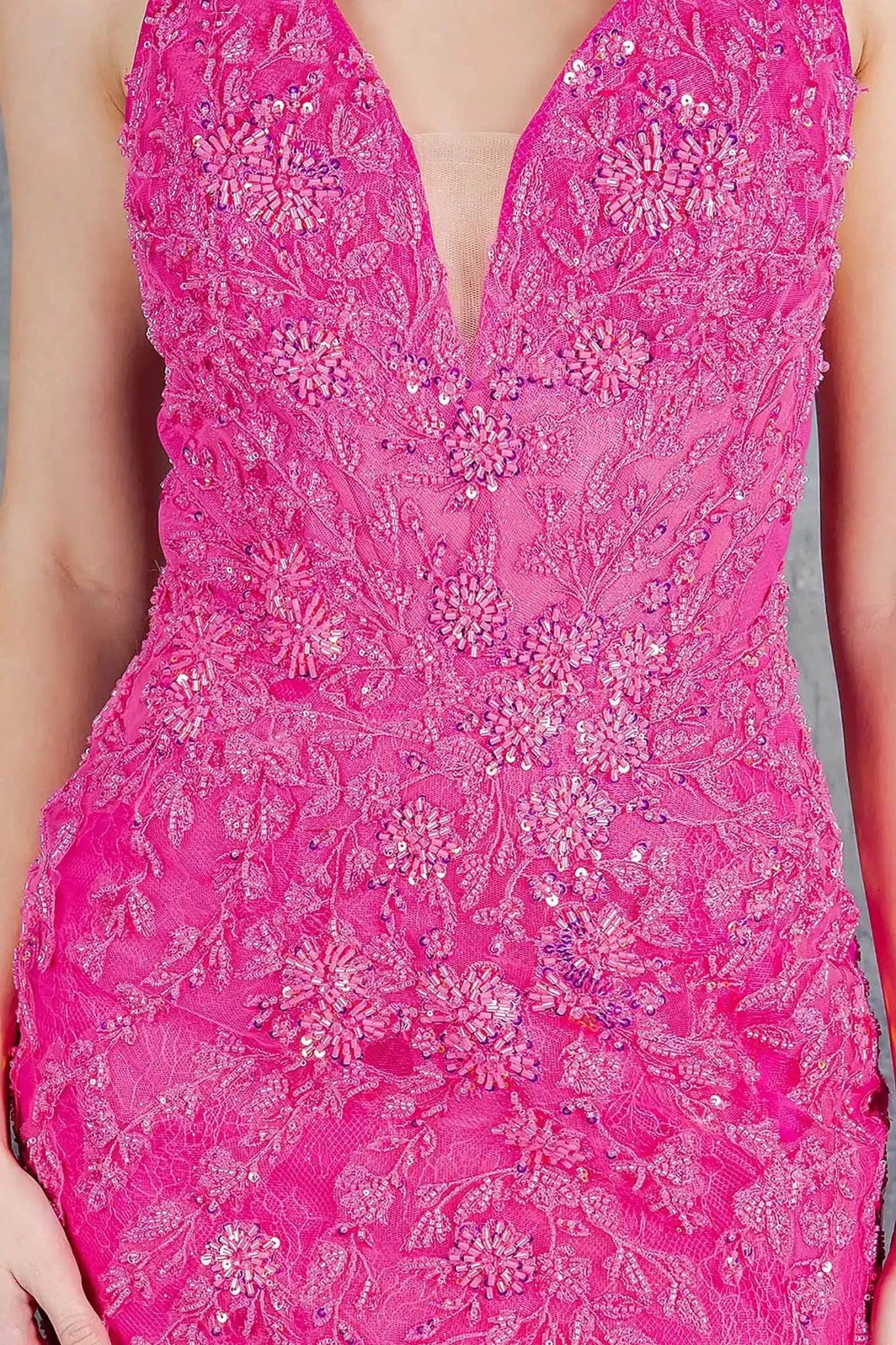 Fuchsia evening dress featuring chantilly lace floral applique embroidery
