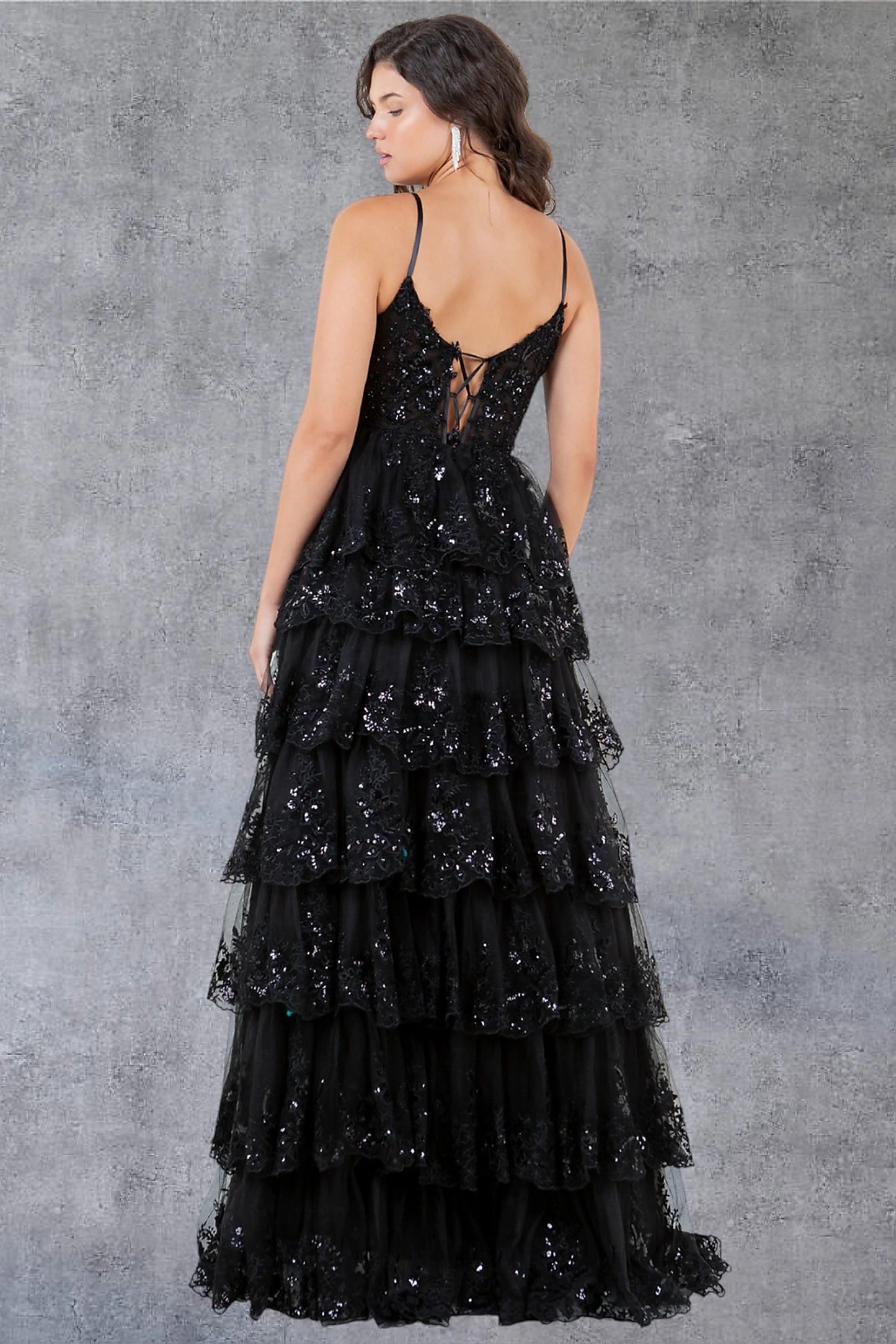 Black prom dress designed with corset lace-up back and zipper closure