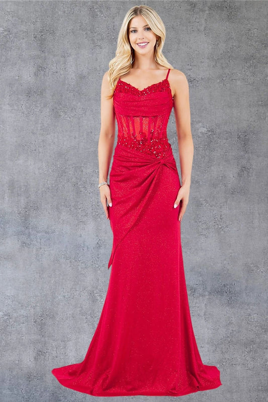 Elegant Red Sheer Corset Prom Dress with Train