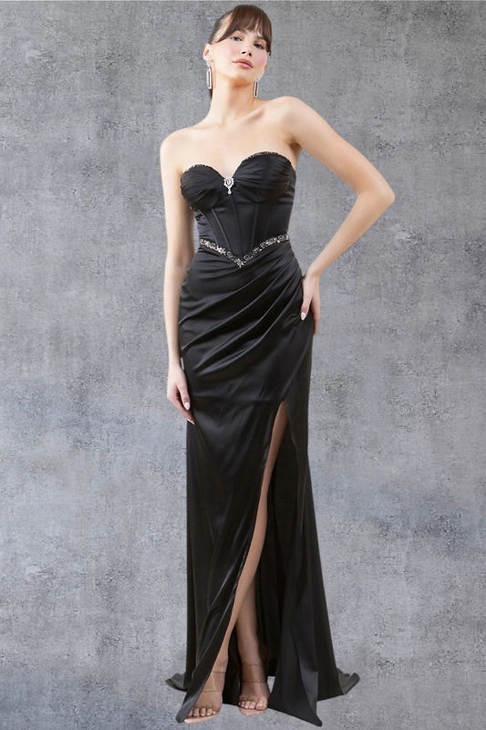 Luxurious Black Strapless Corset Prom Dress with Slit
