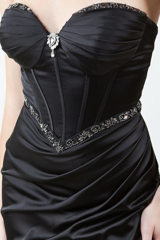 Luxurious Black Strapless Corset Prom Dress with Slit