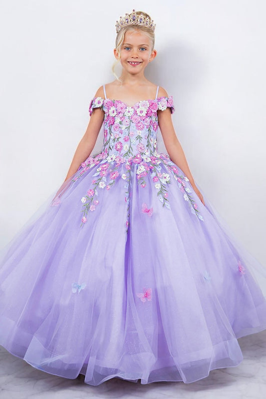 Lilac front view kids mini quinceañera mini quince dress with multicolor daisy embroidery and large detachable bow.