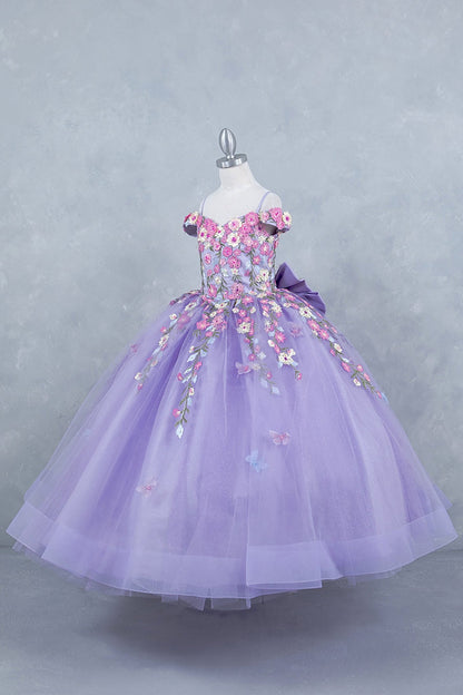 Side profile shows lilac kids mini quinceañera mini quince dress with multicolor daisy embroidery and large detachable bow.