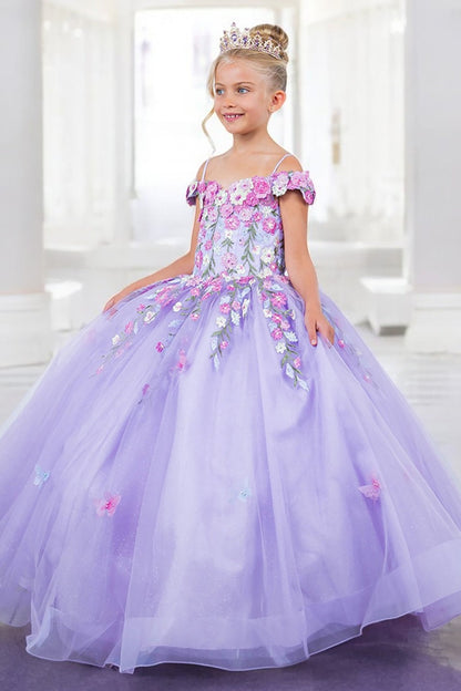 Profile view highlights lilac kids mini quinceañera mini quince dress with multicolor daisy embroidery.