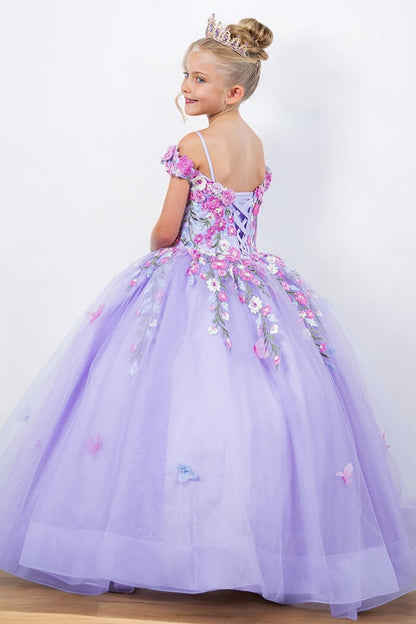 Back detail shows lilac kids mini quinceañera mini quince dress with multicolor daisy embroidery and large detachable bow.