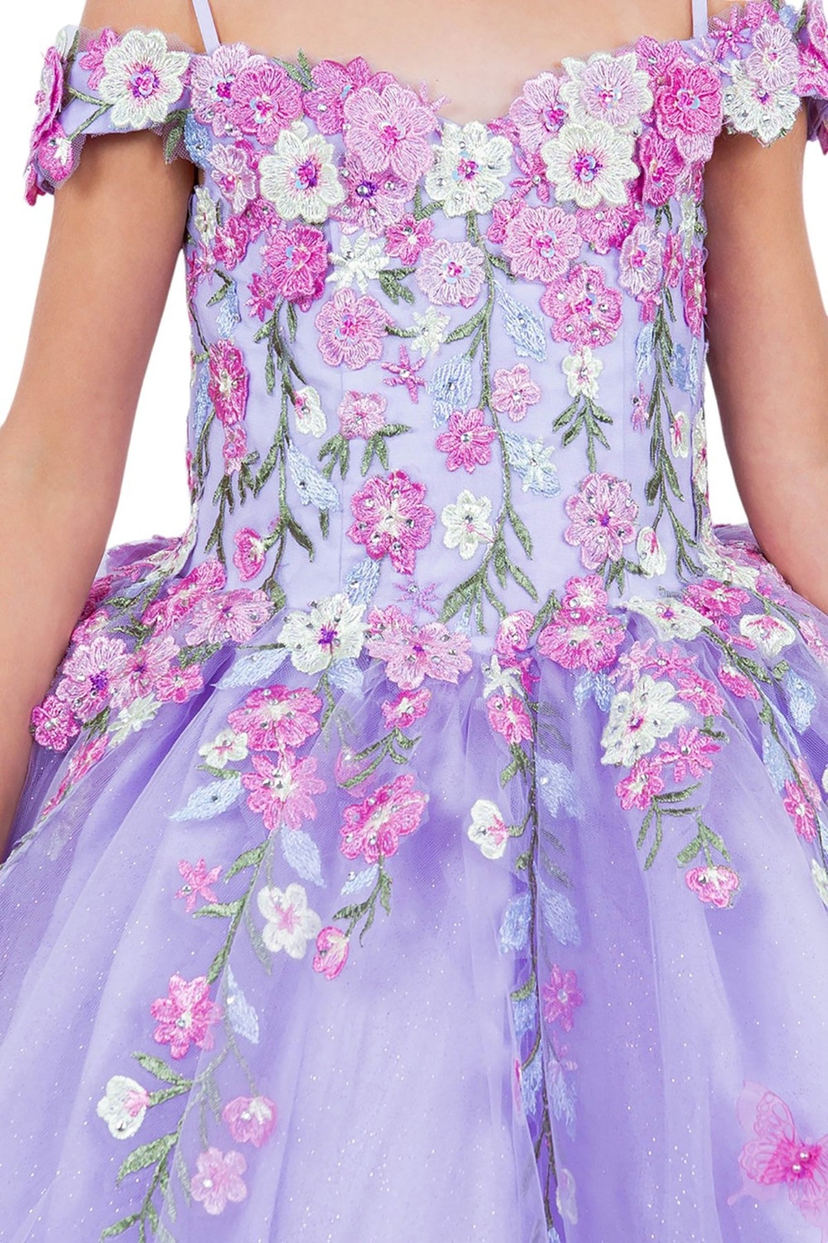 Lilac front zoom kids mini quinceañera mini quince dress with multicolor daisy embroidery.