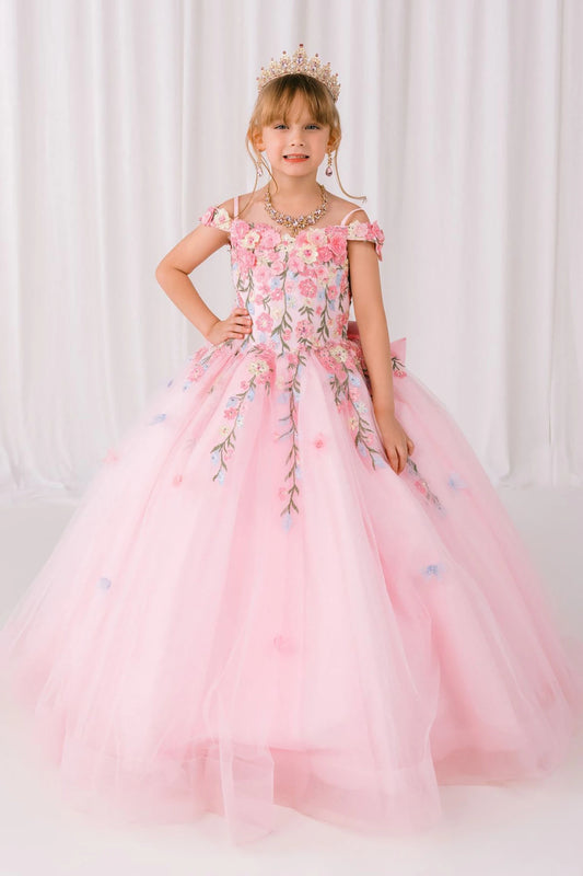 Pink front view kids mini quinceañera mini quince dress with multicolor daisy embroidery and large detachable bow.