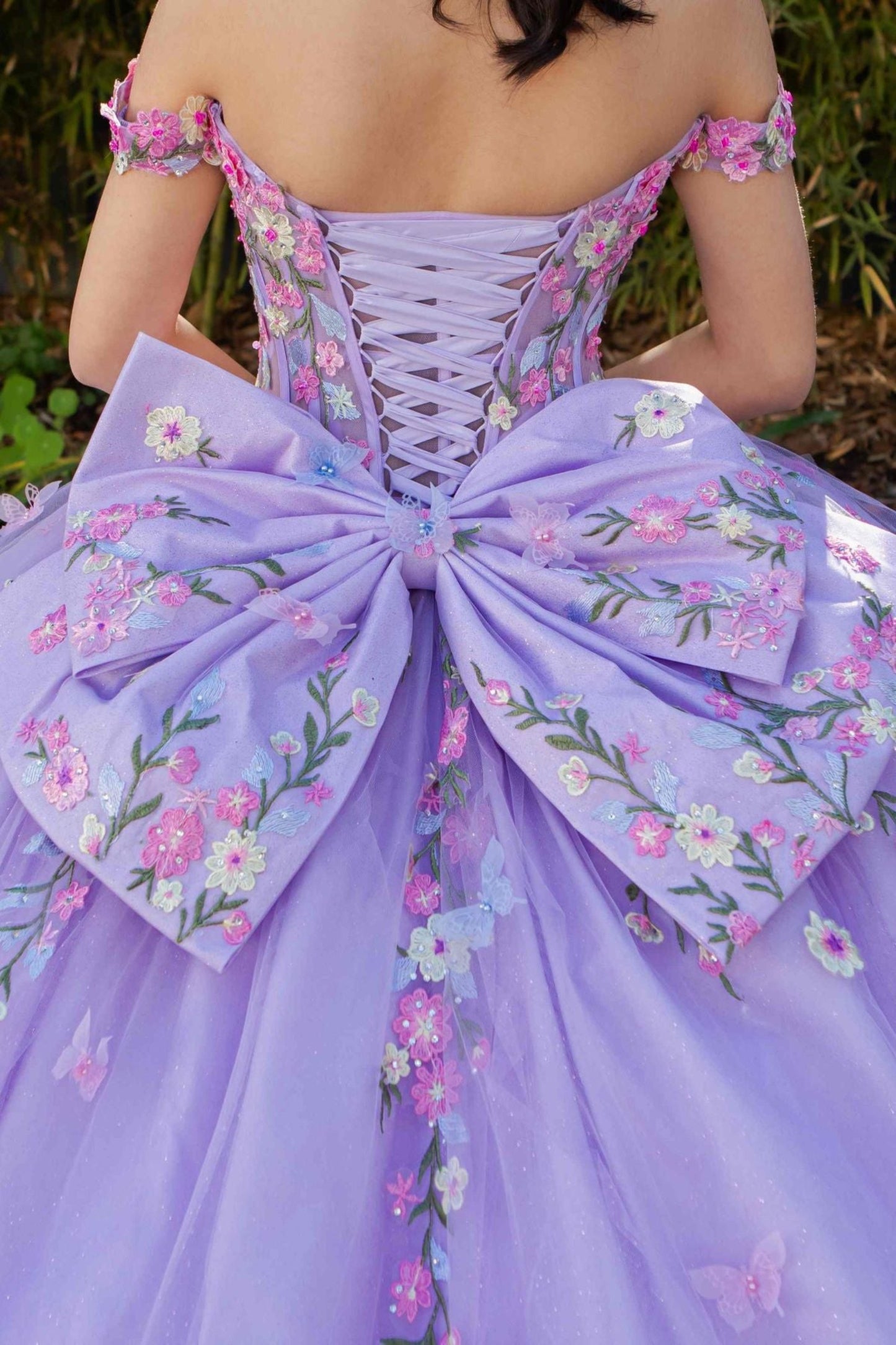 Quinceanera | Lilac Multicolor Daisy Embroidery with Big Detachable Bow Sweet 15 Ballgown | Manuela dress | 2 Colors Available back zoom