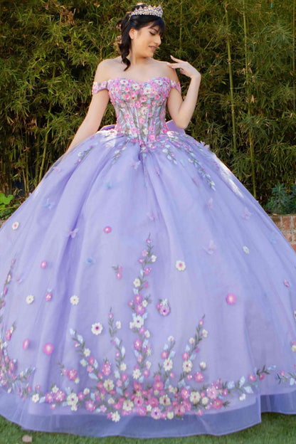 Quinceanera | Lilac Multicolor Daisy Embroidery with Big Detachable Bow Sweet 15 Ballgown | Manuela dress | 2 Colors Available