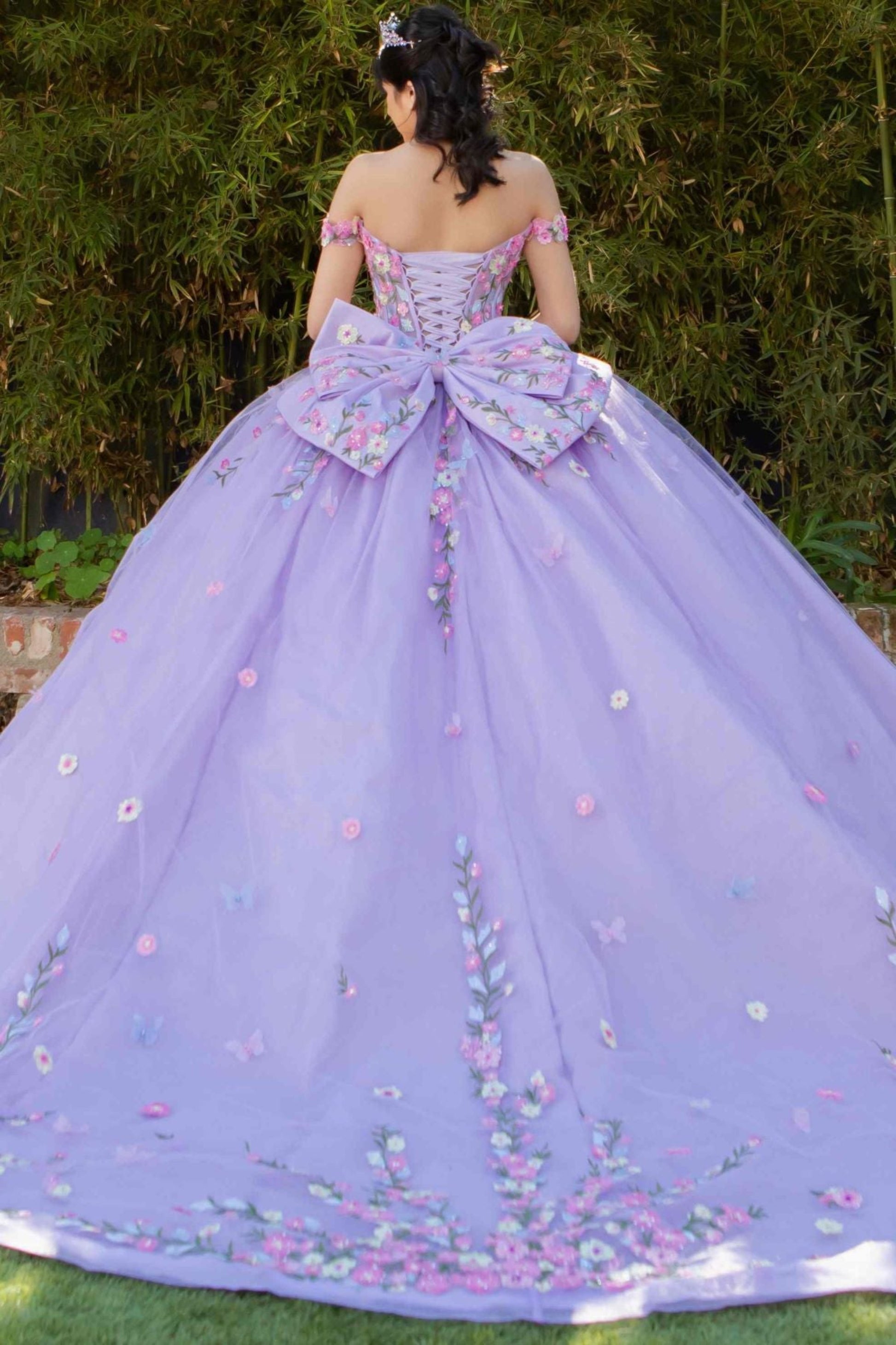 Quinceanera | Lilac Multicolor Daisy Embroidery with Big Detachable Bow Sweet 15 Ballgown | Manuela dress | 2 Colors Available back view