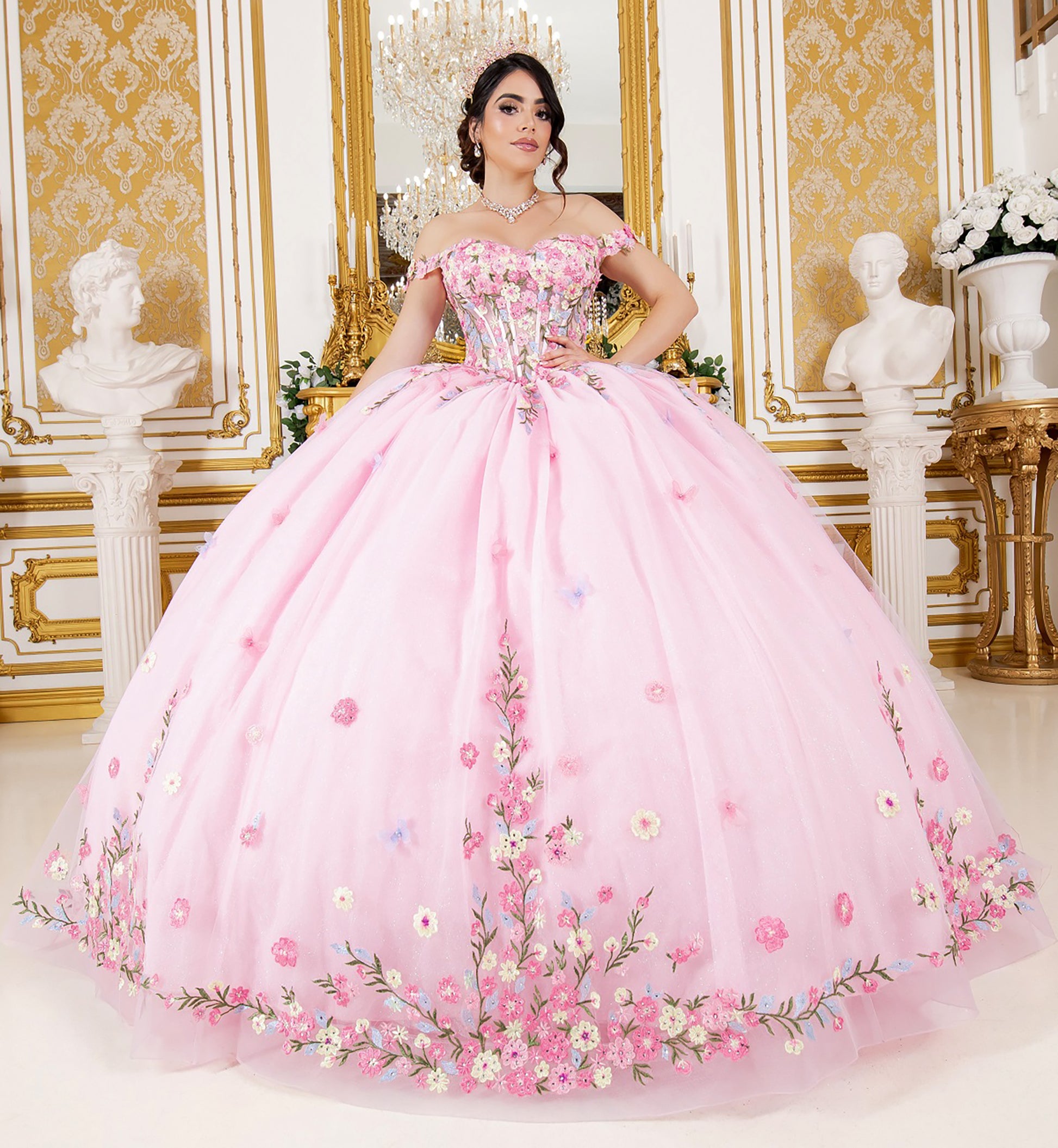 Quinceanera | Pink Multicolor Daisy Embroidery with Big Detachable Bow Sweet 15 Ballgown | Manuela J dress front view