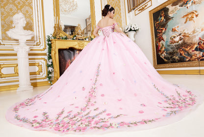 Quinceanera | Pink Multicolor Daisy Embroidery with Big Detachable Bow Sweet 15 Ballgown | Manuela J dress back view