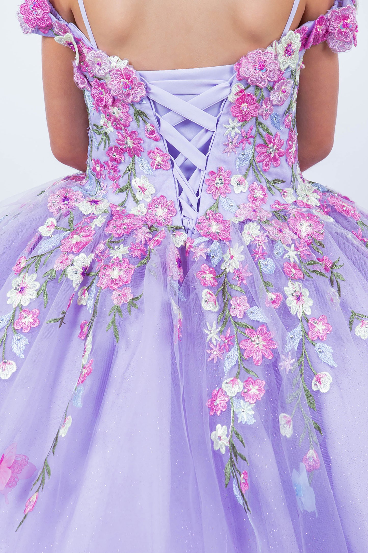 Mini Quince | Lilac Multicolor Daisy Embroidery with Big Detachable Bow 3-Anos Ball Gown | Manuela dress back zoom