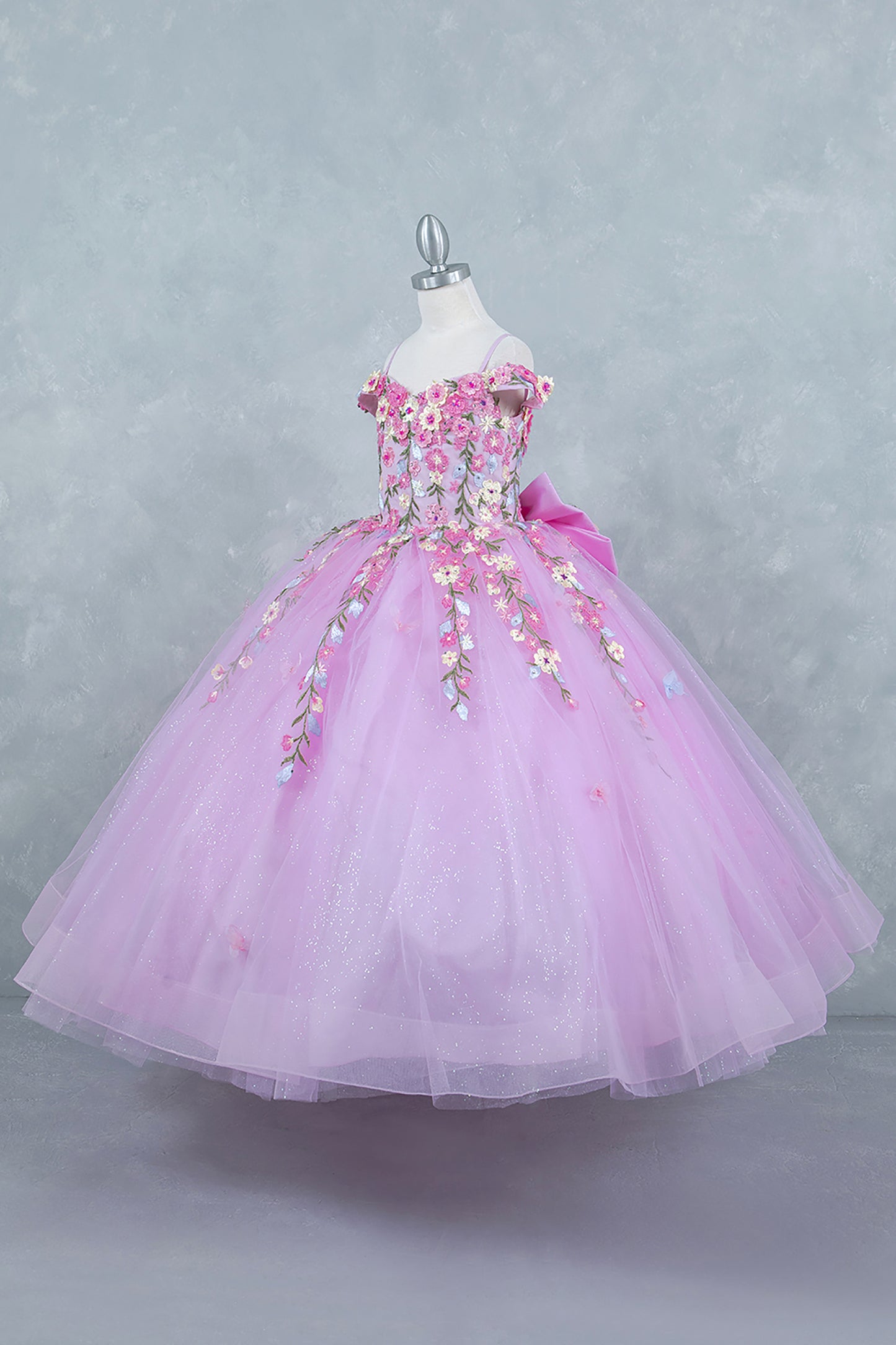 Pink Multicolor Daisy Embroidery with Big Detachable Bow 3-Anos Ball Gown side view