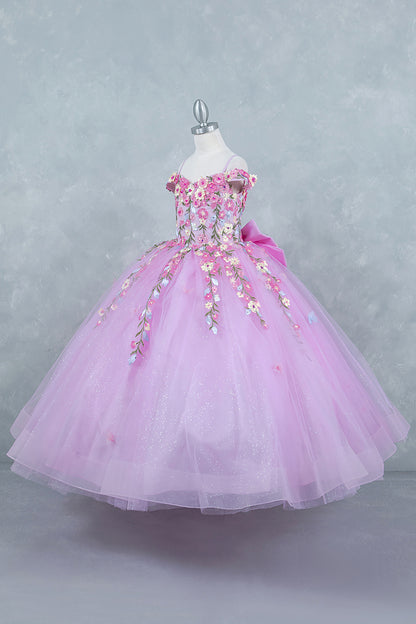 Pink Multicolor Daisy Embroidery with Big Detachable Bow 3-Anos Ball Gown side view