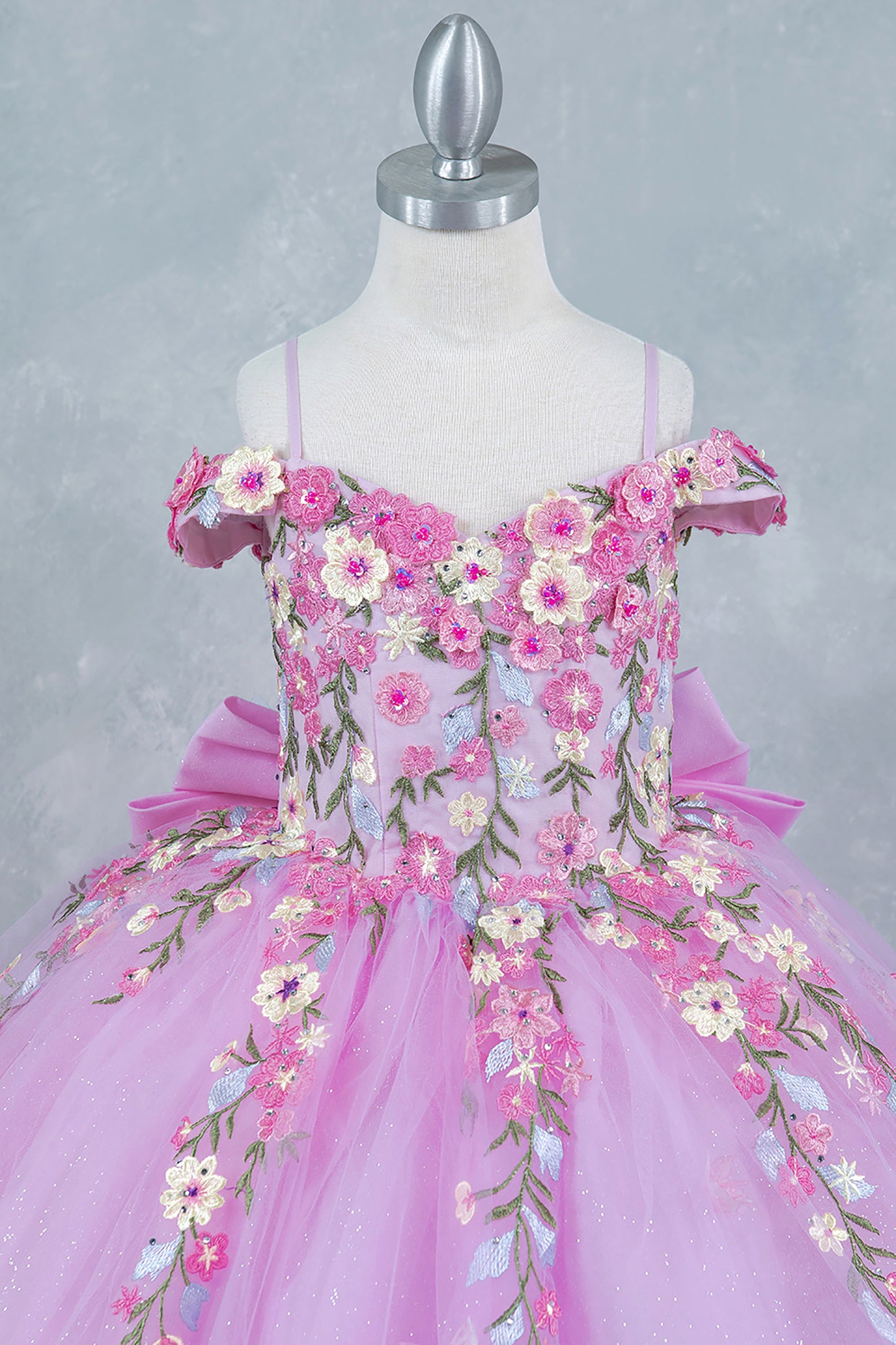 Pink Multicolor Daisy Embroidery with Big Detachable Bow 3-Anos Ball Gown front zoom