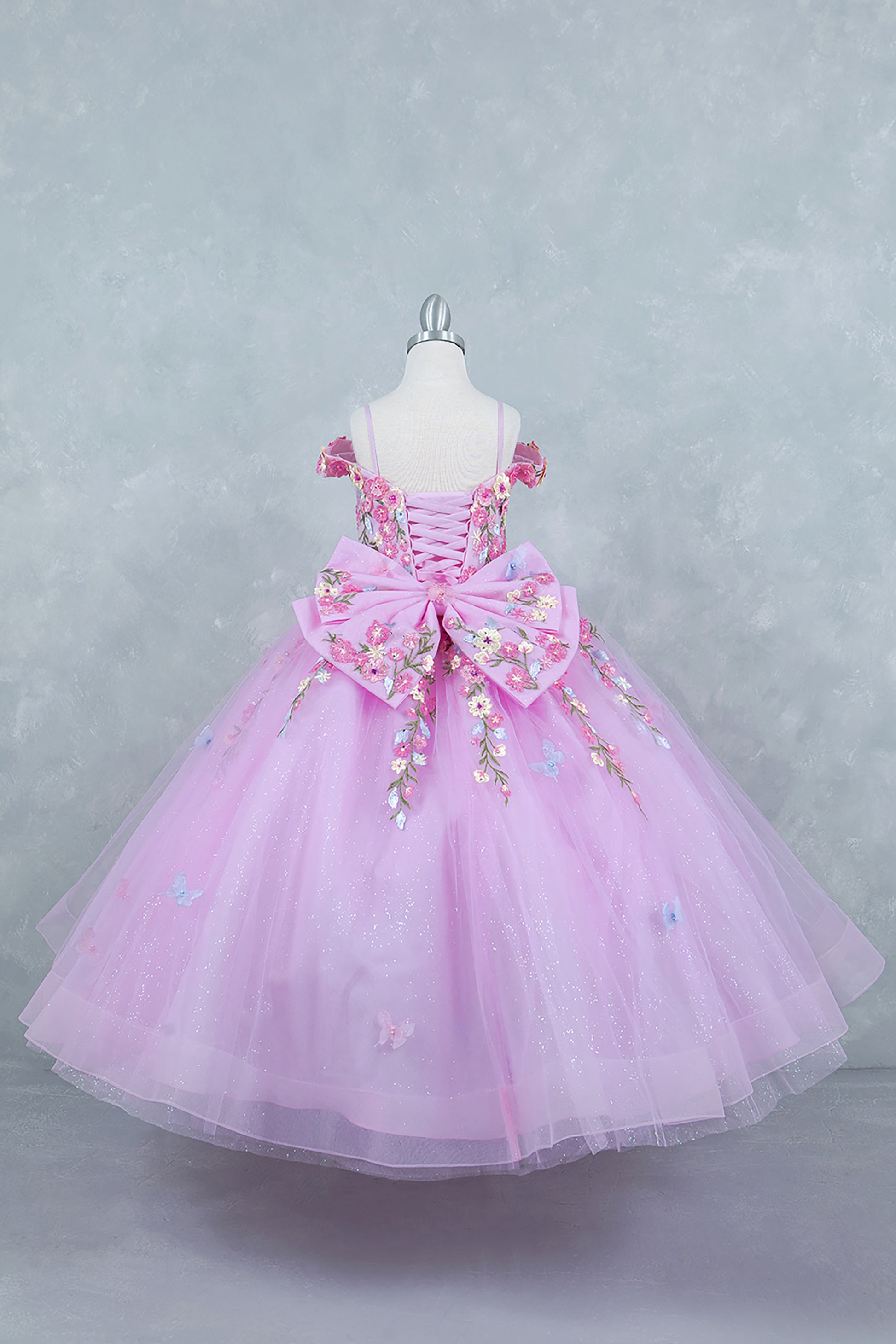 Pink Multicolor Daisy Embroidery with Big Detachable Bow 3-Anos Ball Gown back view