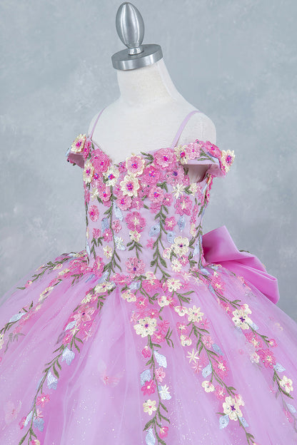 Pink Multicolor Daisy Embroidery with Big Detachable Bow 3-Anos Ball Gown side zoom