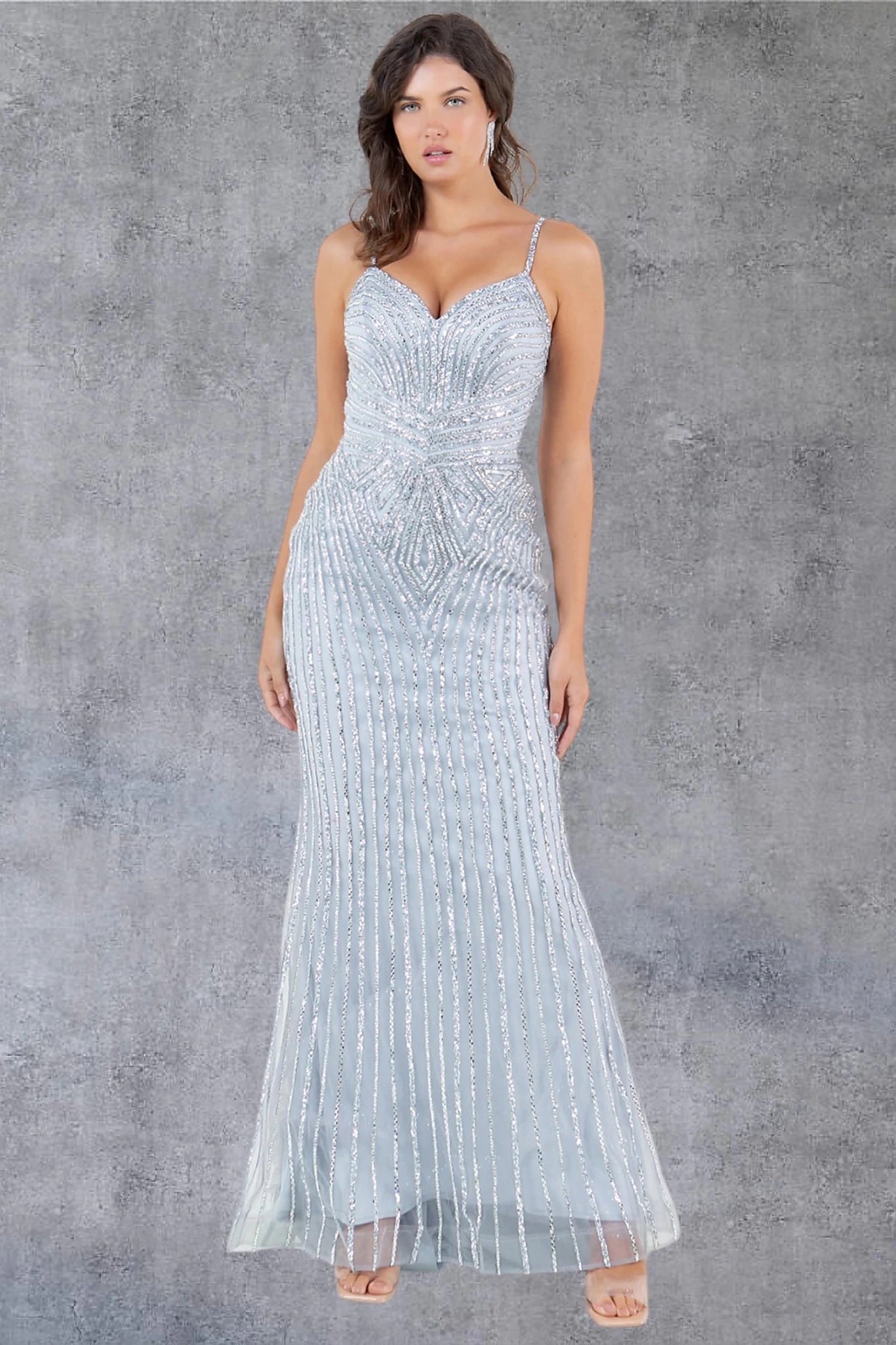 Silver evening dress with sweetheart neckline and thin straps