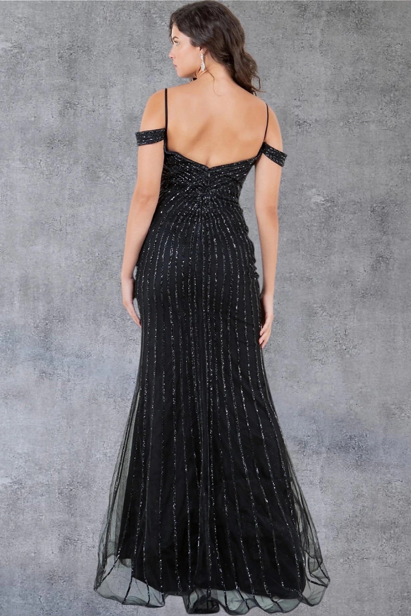 Black evening dress designed with zipper back closure