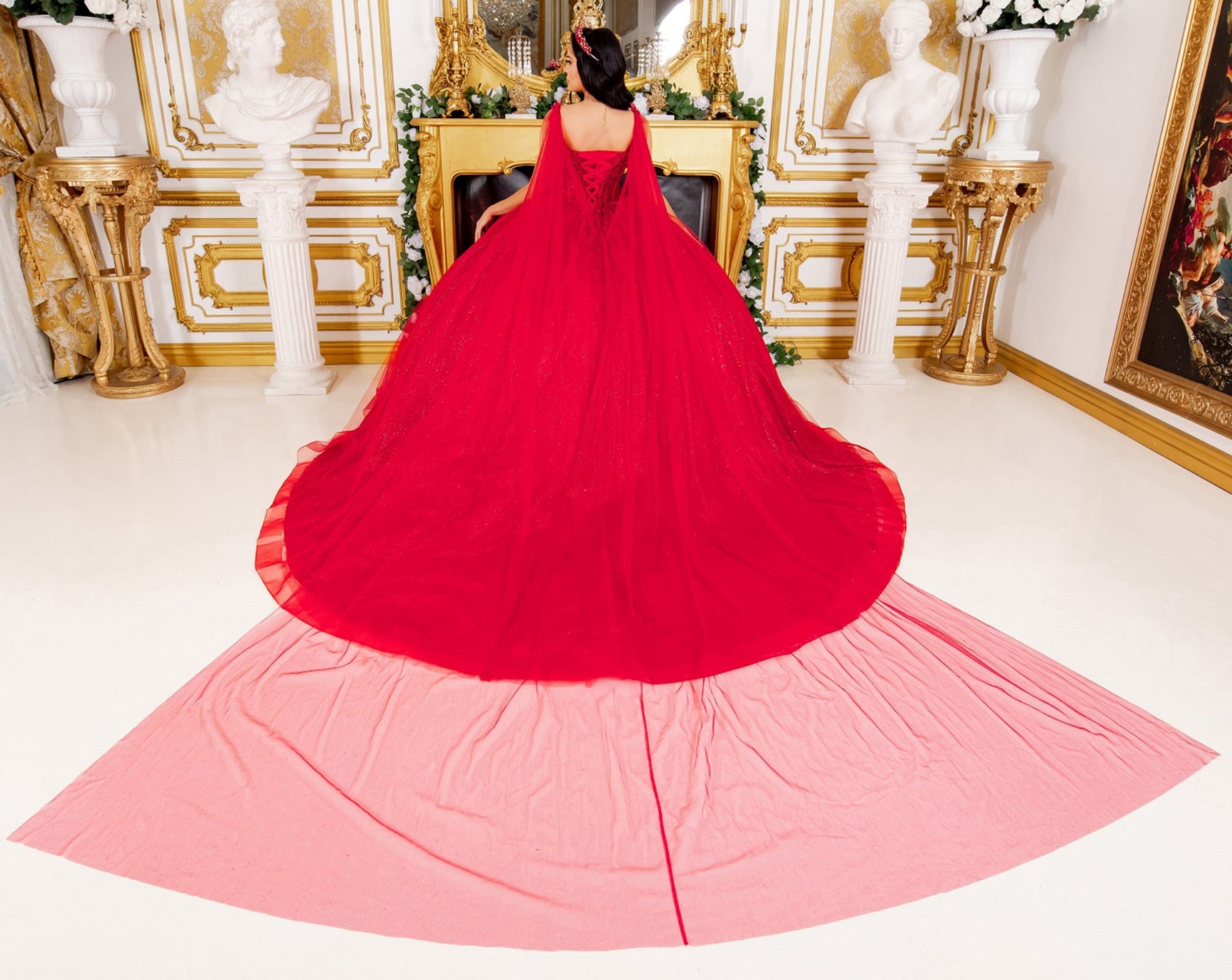 Quinceanera | Bold Red Floral Embellishments and Sheer Cape Ball Gown | Zepharina dress | 2 Colors Available back view