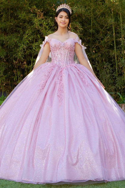 Quinceanera | Blush Floral Embellishments and Sheer Cape Ball Gown | Zepharina dress | 2 Colors Available front view