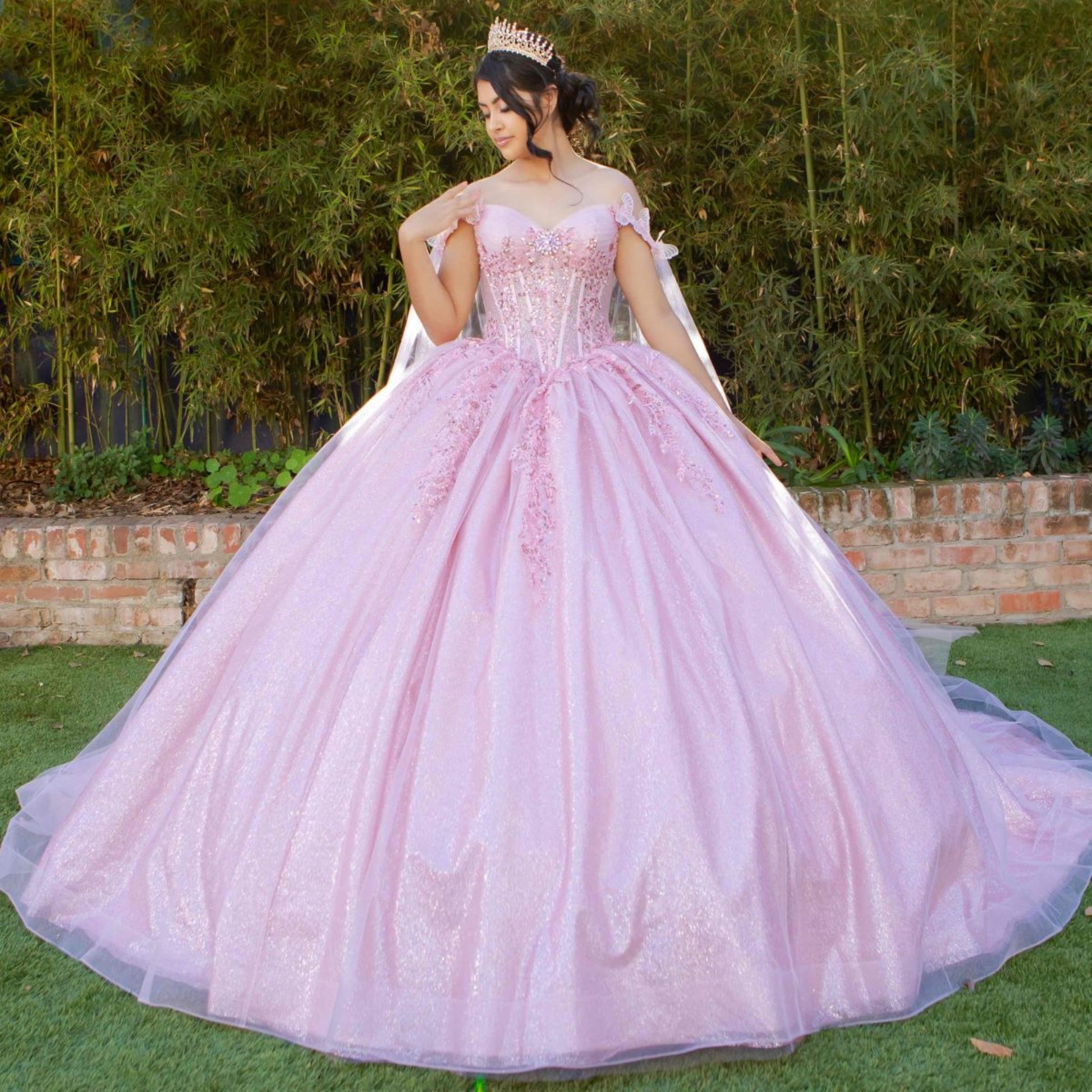 Quinceanera | Blush Floral Embellishments and Sheer Cape Ball Gown | Zepharina dress | 2 Colors Available front  whole view