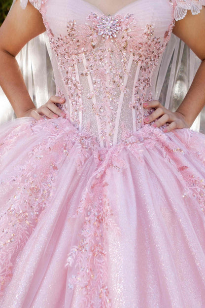 Quinceanera | Blush Floral Embellishments and Sheer Cape Ball Gown | Zepharina dress | 2 Colors Available front zoom