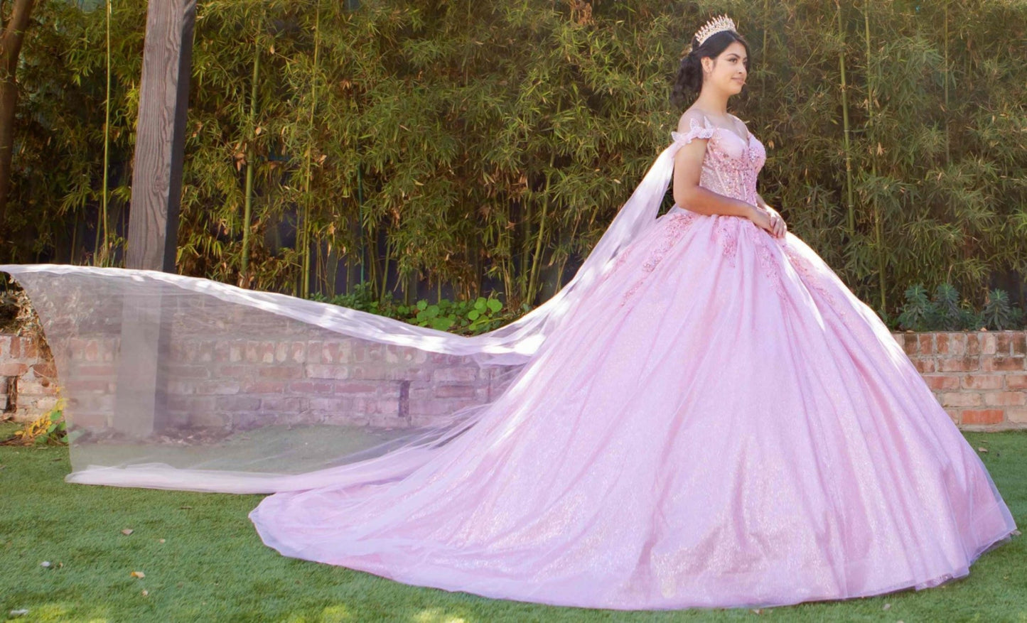 Quinceanera | Blush Floral Embellishments and Sheer Cape Ball Gown | Zepharina dress | 2 Colors Available wind flowing cape