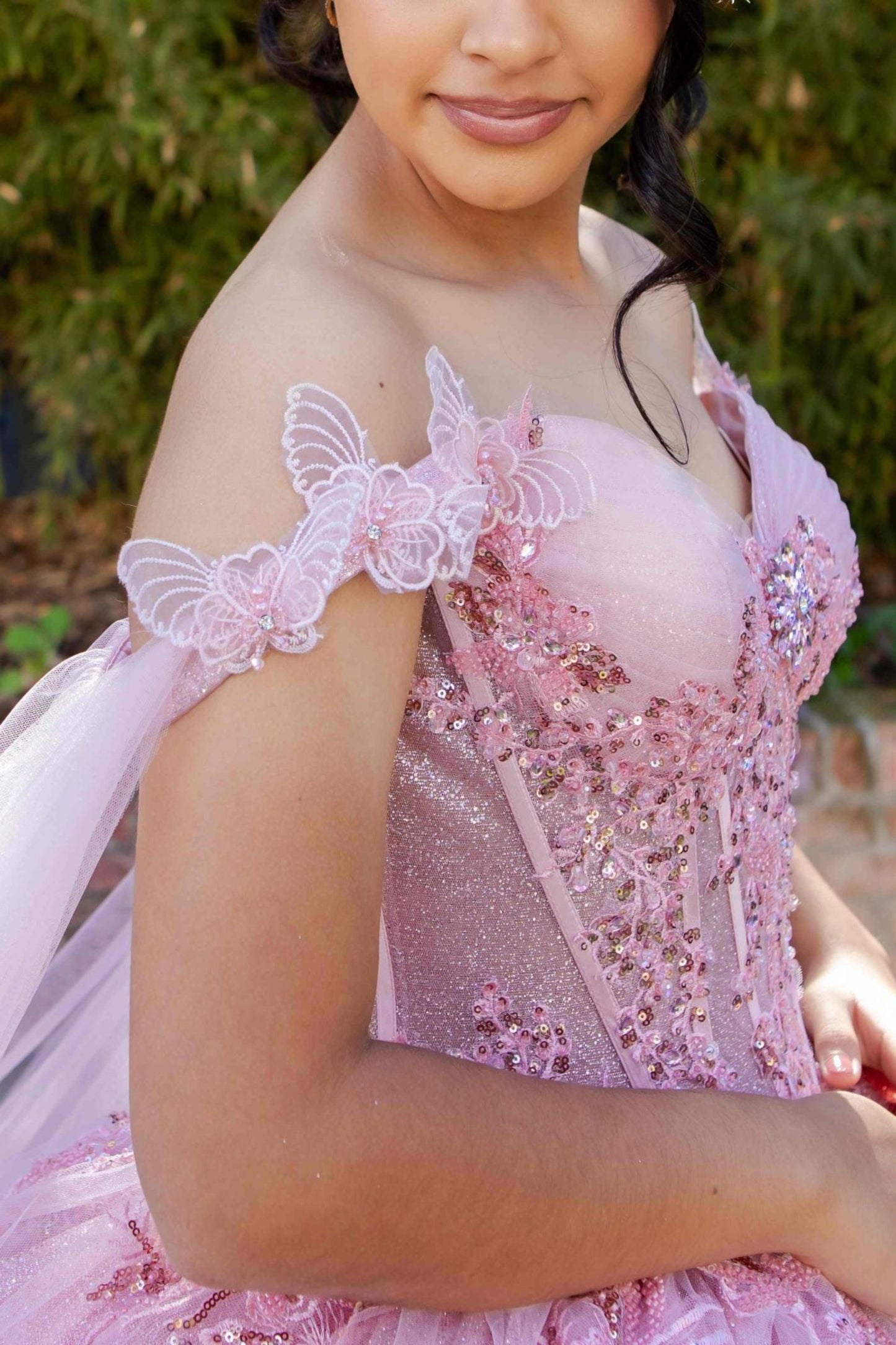 Quinceanera | Blush Floral Embellishments and Sheer Cape Ball Gown | Zepharina dress | 2 Colors Available side zoom