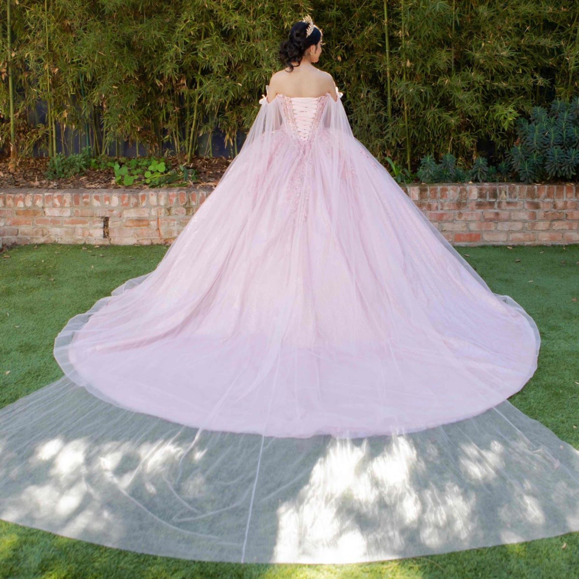 Quinceanera | Blush Floral Embellishments and Sheer Cape Ball Gown | Zepharina dress | 2 Colors Available back side