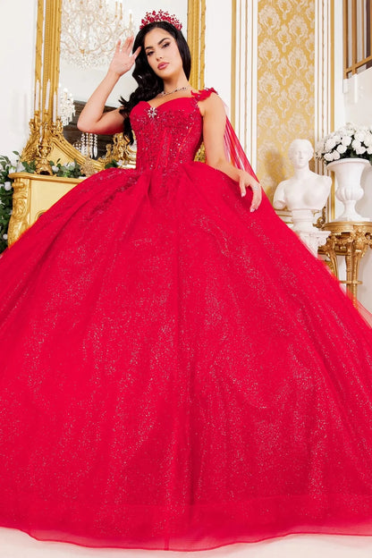 ed ball gown with a sweetheart neckline, beaded bodice, and sheer draped shoulder straps