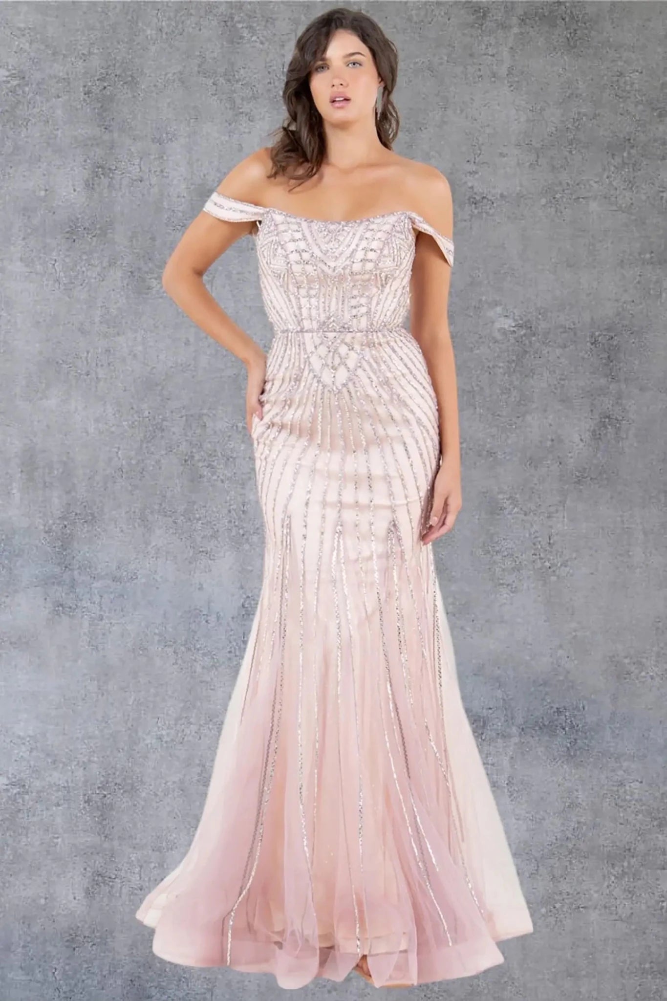 Full front view of a women wearing rose gold off-shoulder beaded prom dress with sweetheart neckline.