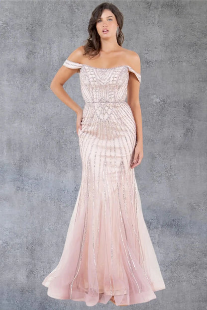 Full front view of a women wearing rose gold off-shoulder beaded prom dress with sweetheart neckline.