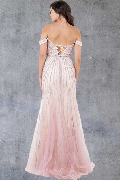 A full back view of a woman wearing a rose gold formal dress with a lace-up corset closure.