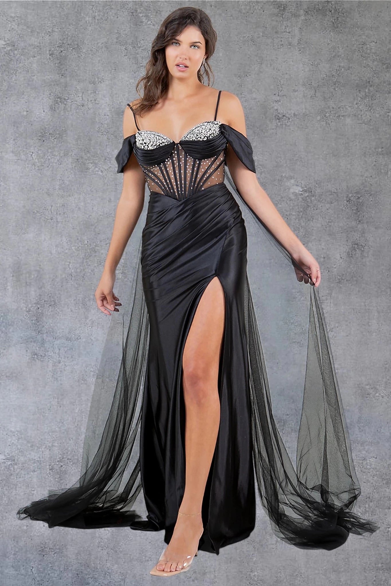 Black prom dress with sweetheart neckline and thin straps