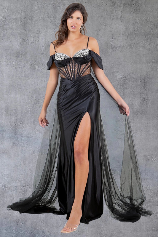 Bodice close-up highlights black prom dress with sweetheart neckline and thin straps.
