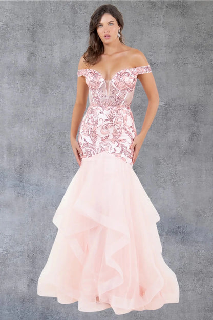 Full front view of a women wearing blush off-shoulder mermaid prom dress with sequin embroidered bodice and tulle skirt.