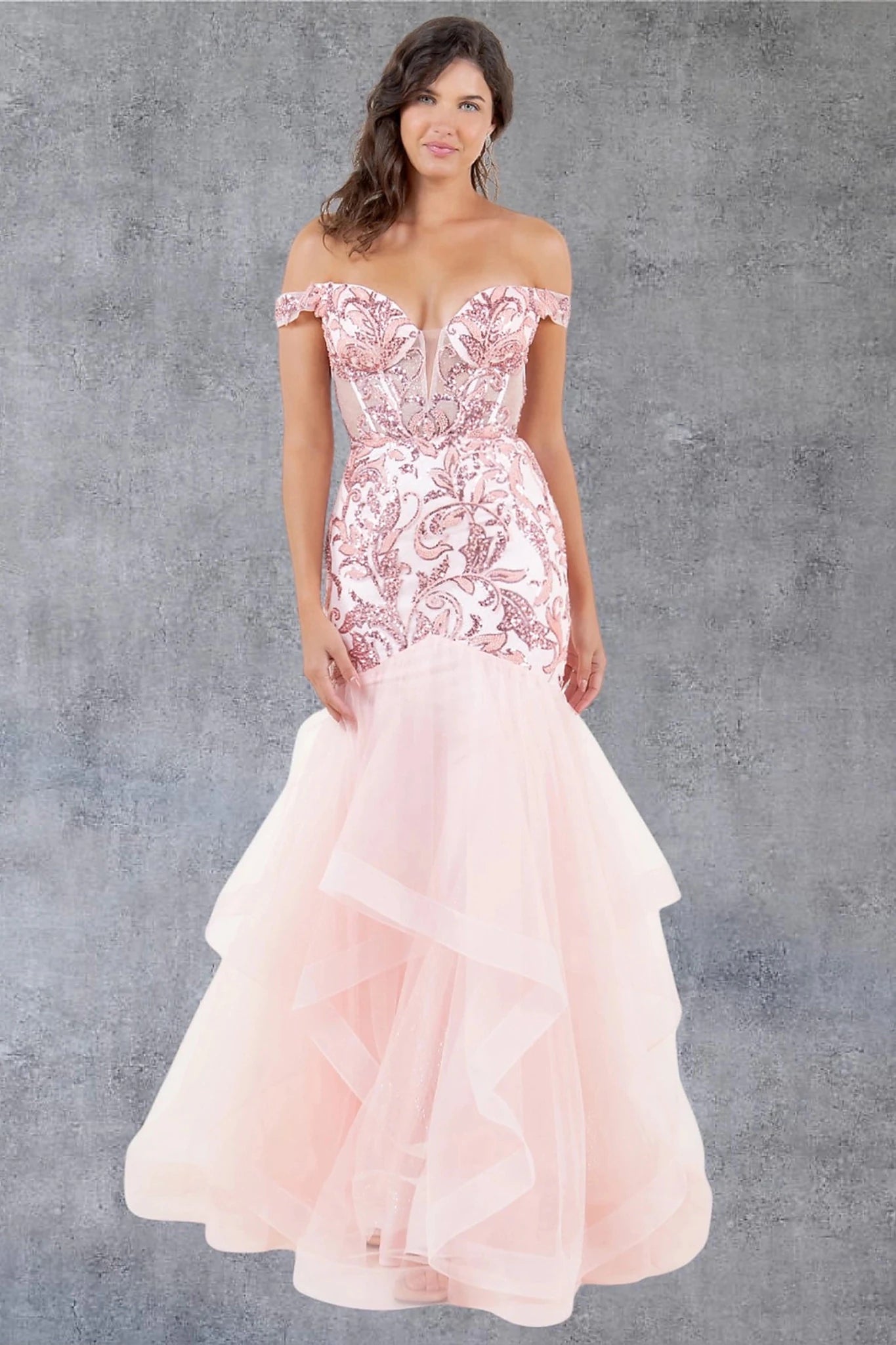 Blush evening dress with off-the-shoulder neckline and fitted bodice